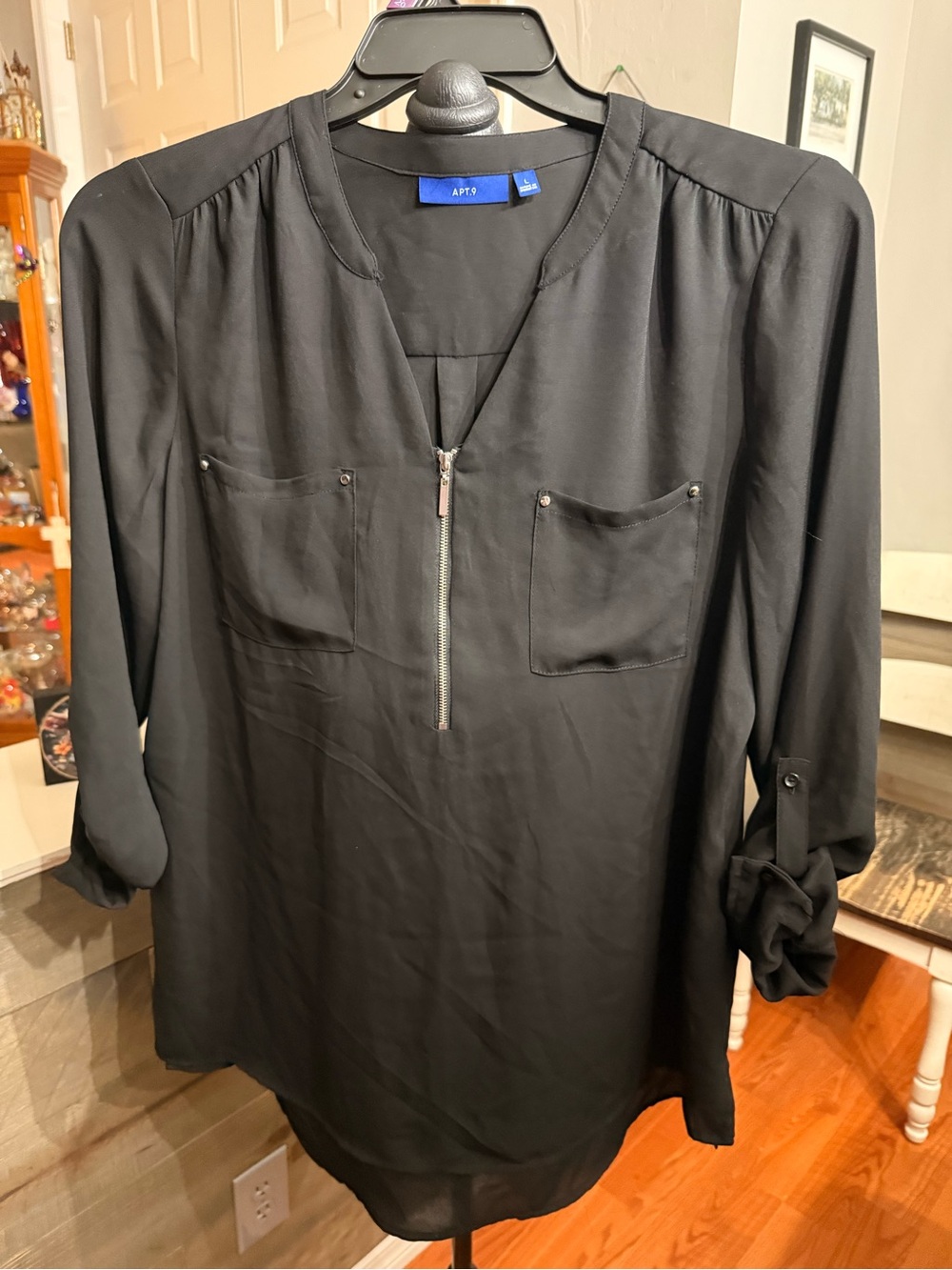 Apt. 9 Black Zip-Pocket Long Sleeve Blouse